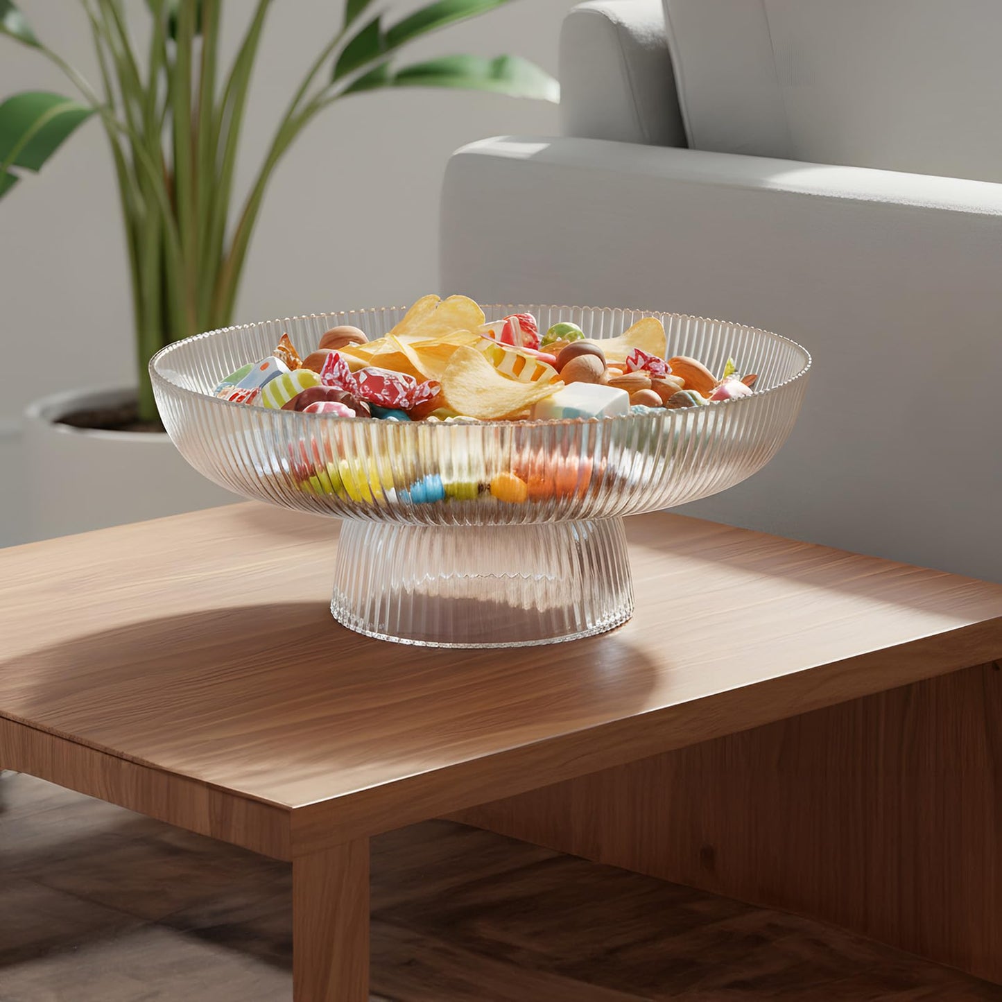 Kultilanda Large Glass Fruit Bowl for Kitchen Counter Decorative Centerpiece Bowl for Table Home Déco, Clear Ribbed