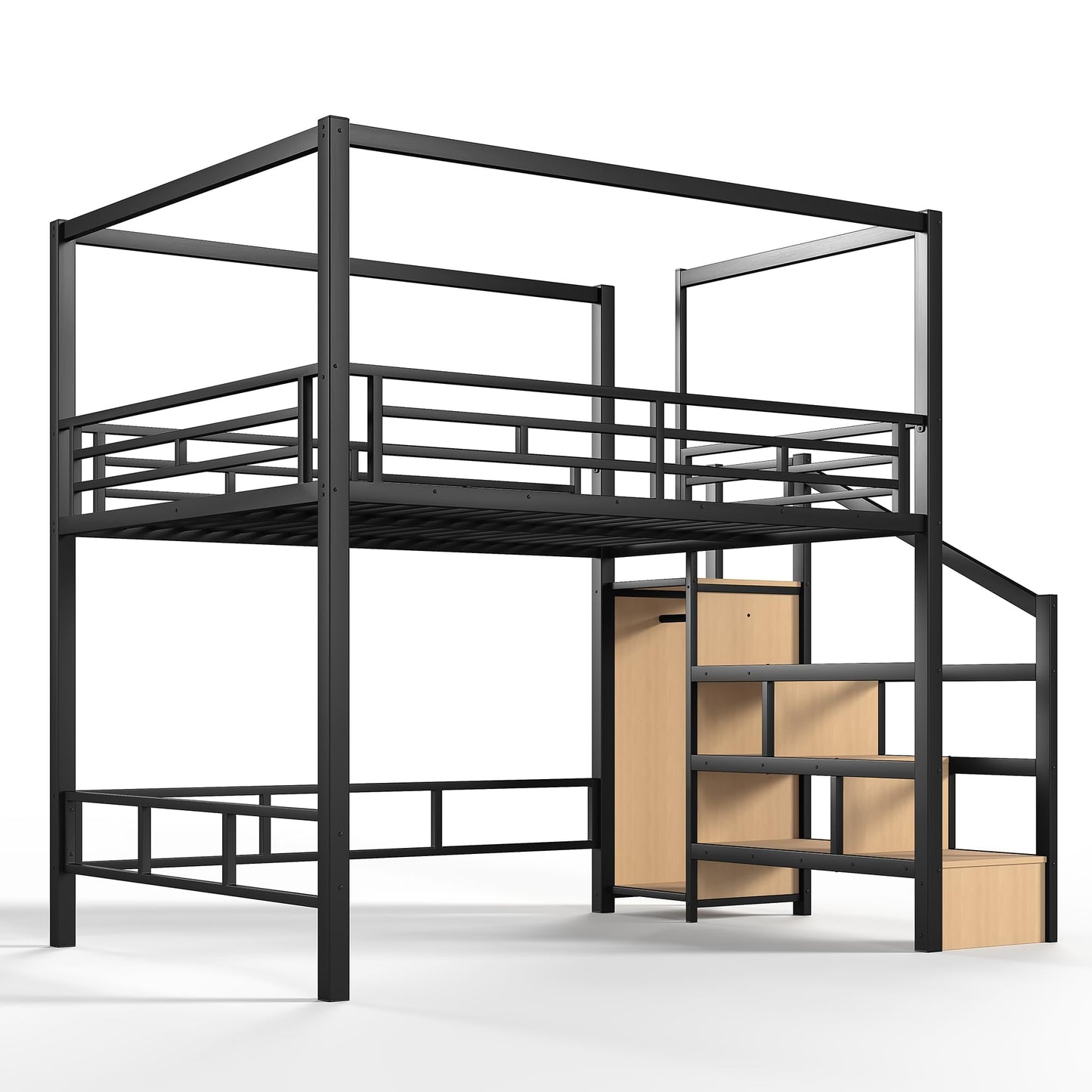 Bellemave Queen loft Bed with Storage Stairs, LED, Wardrobe, Canopy Support Pole, Metal Queen Loft Bed Frame for Adults, Kids, Teens, Canopy can be Disassembled, Black+Natural Wood