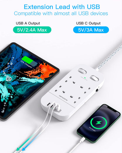 4 Way Surge Protected Extension Lead with USB Slots – Multi Plug Power Strip Extension Cable with Double Switches, Plug Extension Socket 1.8M Braided Extension Cord for Home Office Accessories