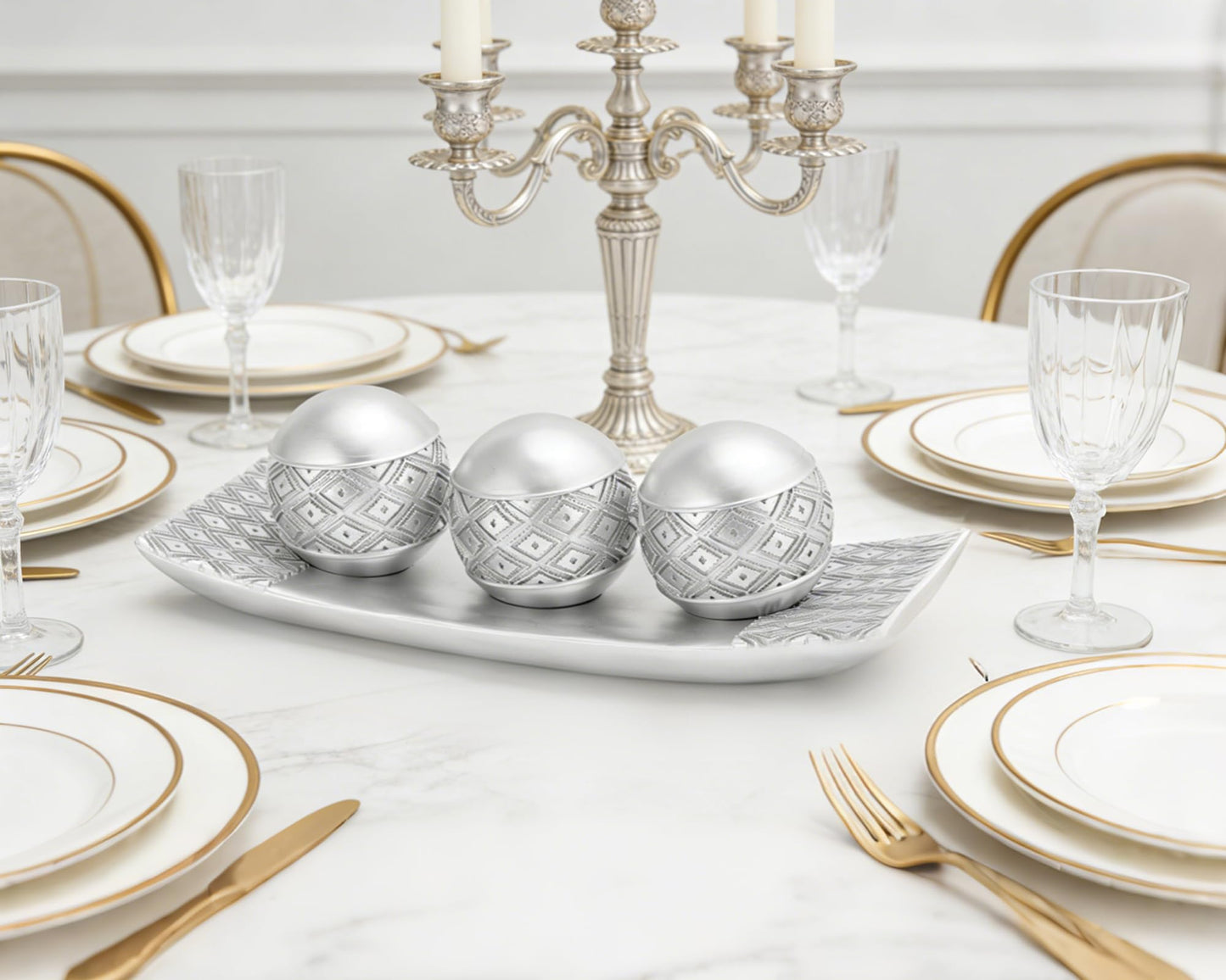 BOIHEGU Silver Decorative Orbs with Tray Set, 3Pcs Resin Decorative Balls with Tray, Modern Accent Sphere for Coffee Table, Dining Table, Living Room, Entryway