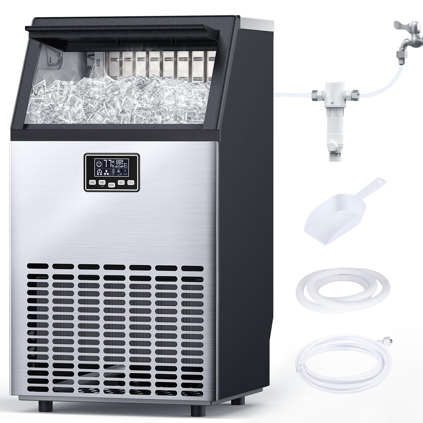 Commercial Ice Maker Machine,Moon-Shaped Ice,100lbs/24H Under Counter ice Machine,Freestanding Ice Maker,Ice Thickness Control,Stainless Steel Ice Makers for Home,Bar,Cafe and Offices
