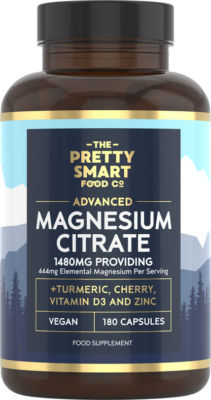 Magnesium Citrate 1480mg – 180 Vegan Magnesium Capsules not Magnesium Tablets – with Turmeric, Zinc, Vitamins D3 & B6 - High Absorption Premium Magnesium Supplements – 90 Day Supply – UK Made
