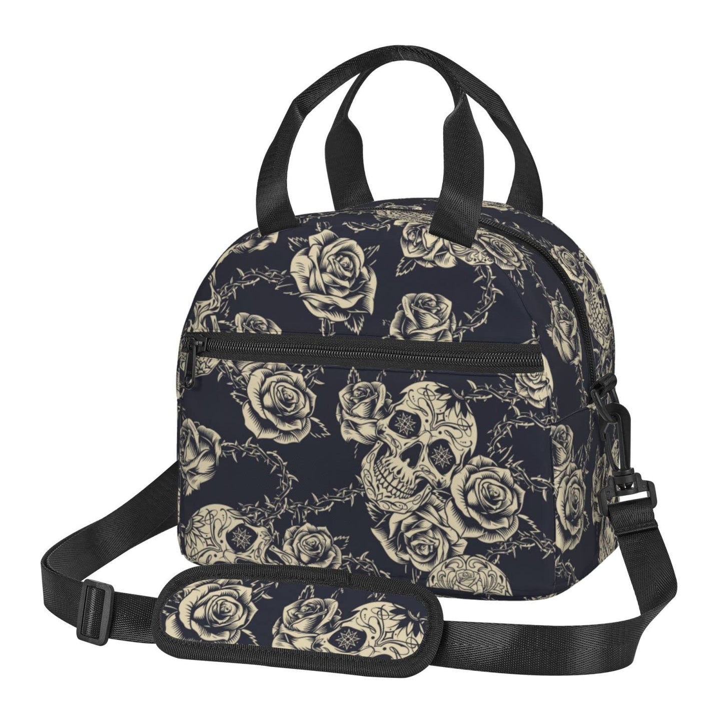 bassyil Skull Insulated Lunch Bag Reusable Lunch Box With Adjustable Shoulder Strap Cooler Tote Bag For Men Women
