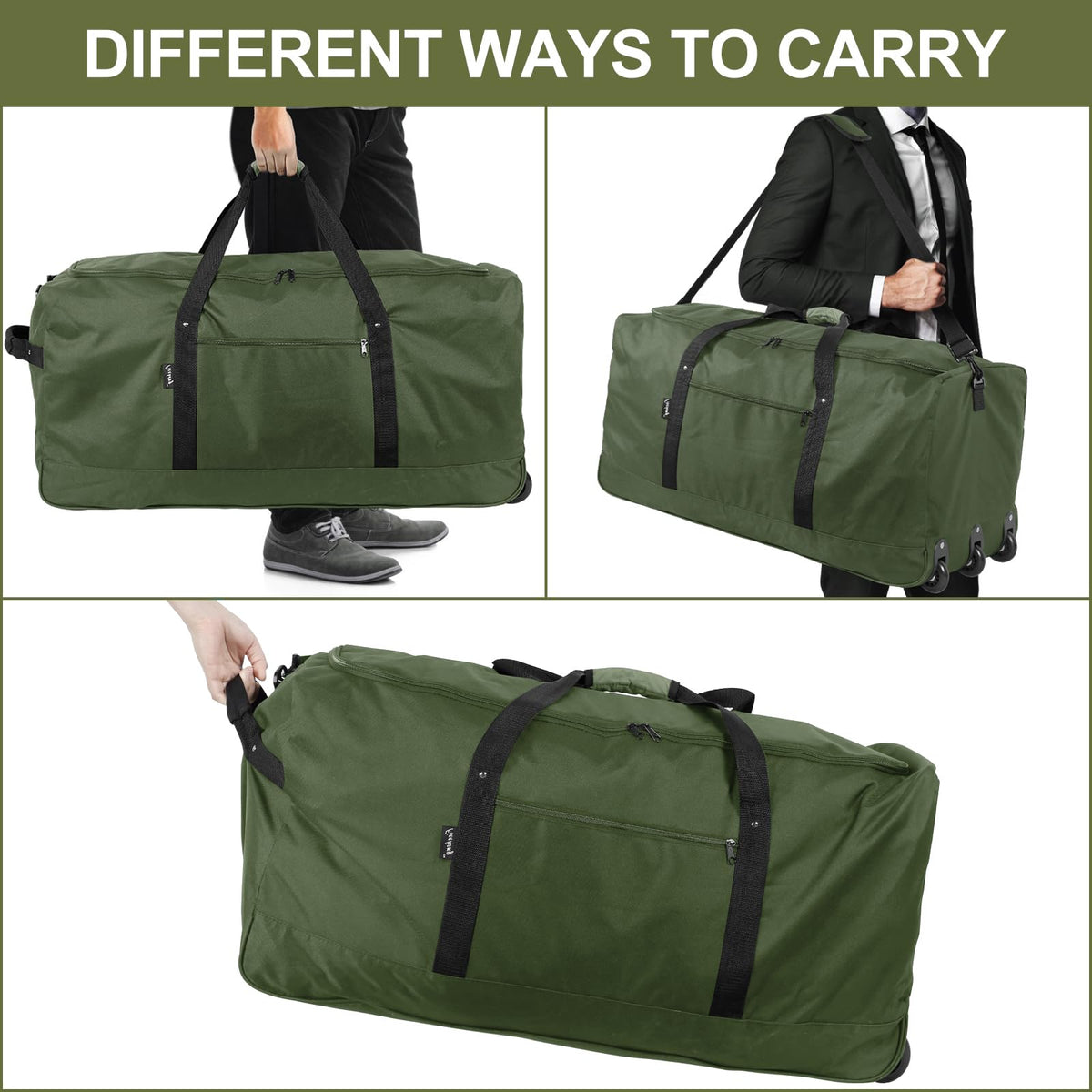 Finnhomy 120L Foldable Rolling Duffel Bag with 3 Wheels, Light Weight Travel Duffel bag with Large Loading Capacity, 32 inch Rolling Duffel bag with Shoulder Strap for Travel Camping Sports, Green