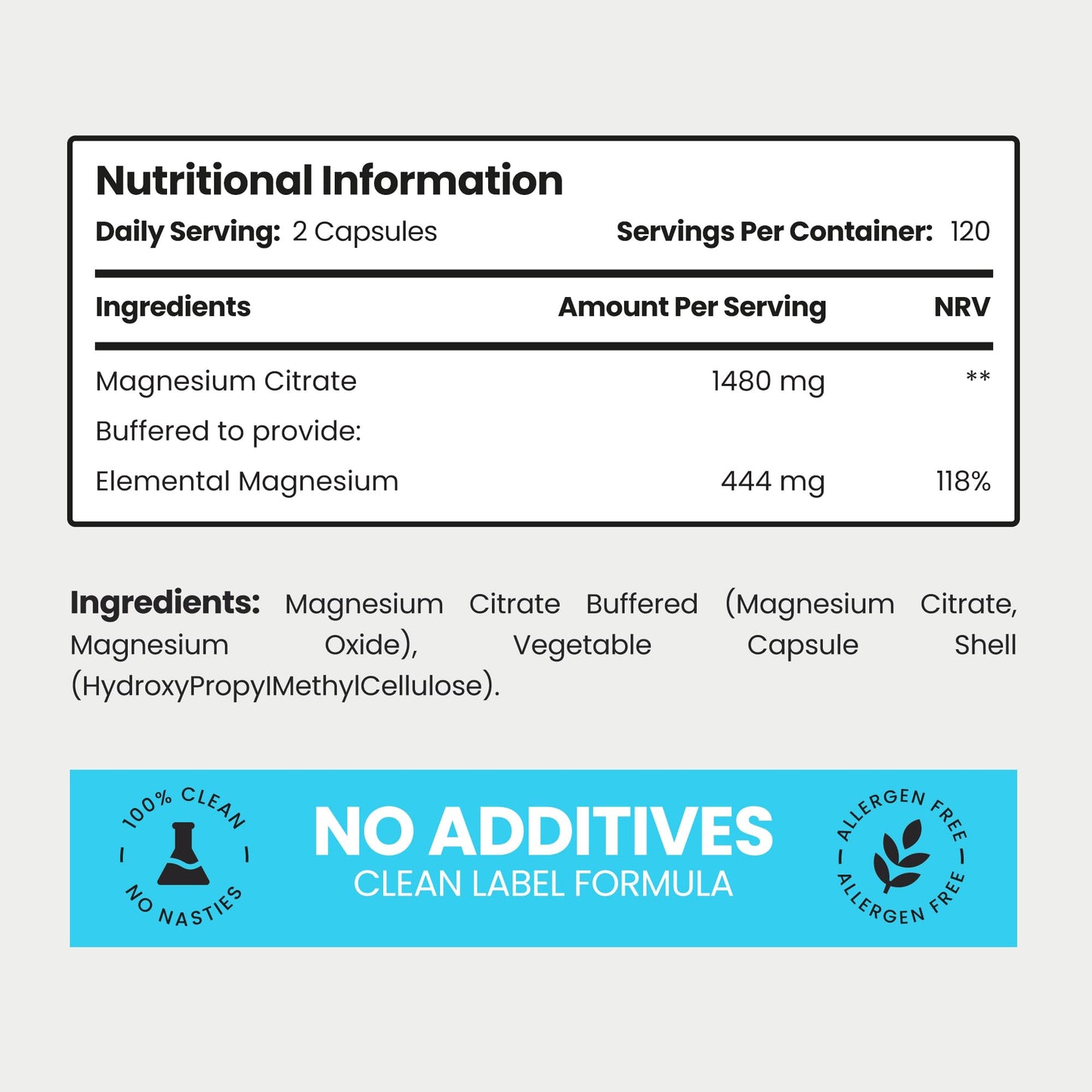 VitaBright Magnesium Citrate Capsules 1480mg | 444mg Elemental Mg | 4 Months | High Strength Magnesium Supplements for Women & Men | Mag Citrate Powder in Capsules (Not Tablets)