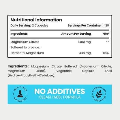 VitaBright Magnesium Citrate Capsules 1480mg | 444mg Elemental Mg | 4 Months | High Strength Magnesium Supplements for Women & Men | Mag Citrate Powder in Capsules (Not Tablets)