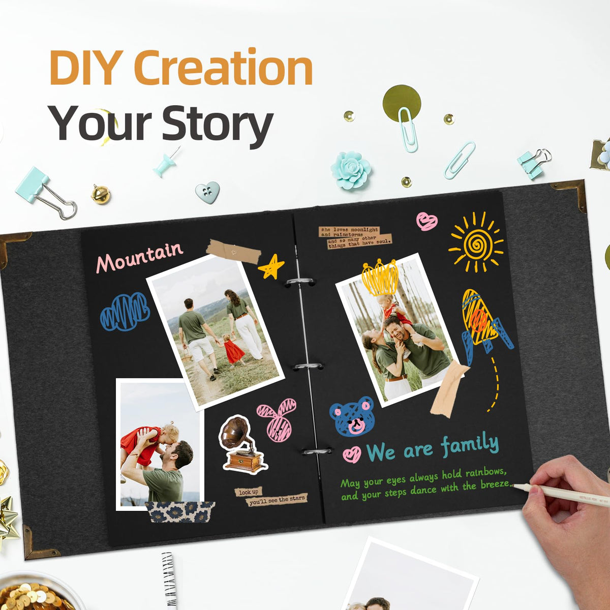 Vienrose DIY Scrapbook Photo Album Kit with Pens Tapes and Stickers 60 Pages Hardcover 8.5x11 Inches 3 Rings Removable Black Paper Scrapbooking for Lover Friends Kids Wedding Black