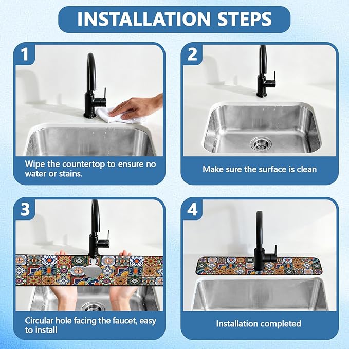 2 Pcs Kitchen Sink Splash Guard Faucet Mats Colored Bohemian Tiles Pattern