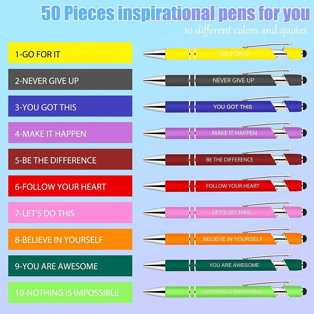Greengines 50 Pcs Inspirational Pens - Motivational Ballpoint Pens Bulk with quotes Stylus Tip Gifts for School Coworkers Office Supplies Black Ink