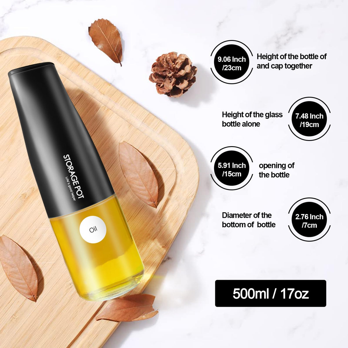 YARRAMATE 2Pcs Large Capacity Aesthetic Olive Oil Dispenser for Kitchen, 500ml /17oz Cooking Glass Vinegar Drizzler, Leak Proof Oil Bottle, Non-Drip Soy Sauce Dispenser, Oil Pourer&Labels(White&Black)