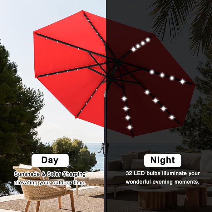 ABCCANOPY Durable Solar Led Patio Umbrellas with 32LED Lights 9FT (Red)