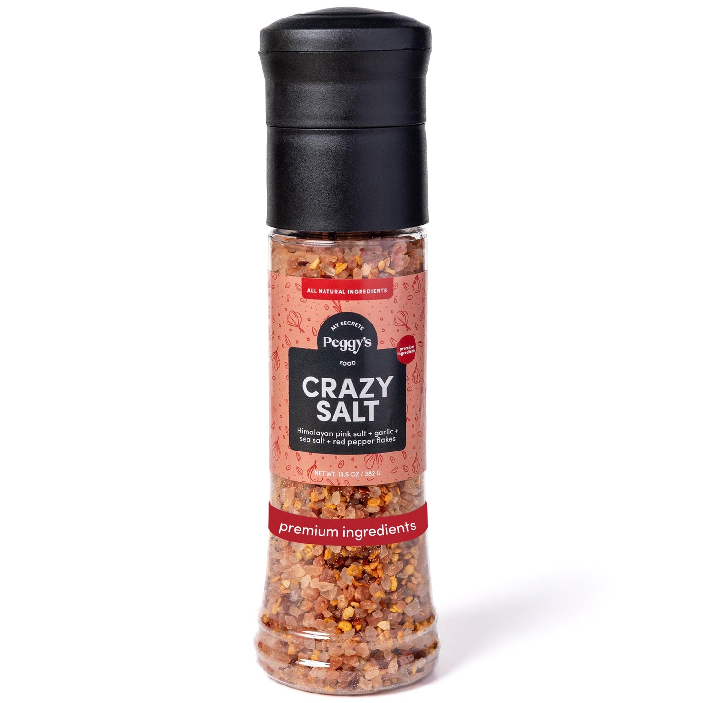 My Secrets Peggy’s Food Crazy Salt Himalayan Pink Salt - Fine Grain Gourmet Seasoning with Sea Salt, Garlic and Red Pepper Flakes, Natural Salt Mix for Cooking, Seasoning, Grilling, Baking, Table Use, No Additives, Premium Flavor, 13.5 oz