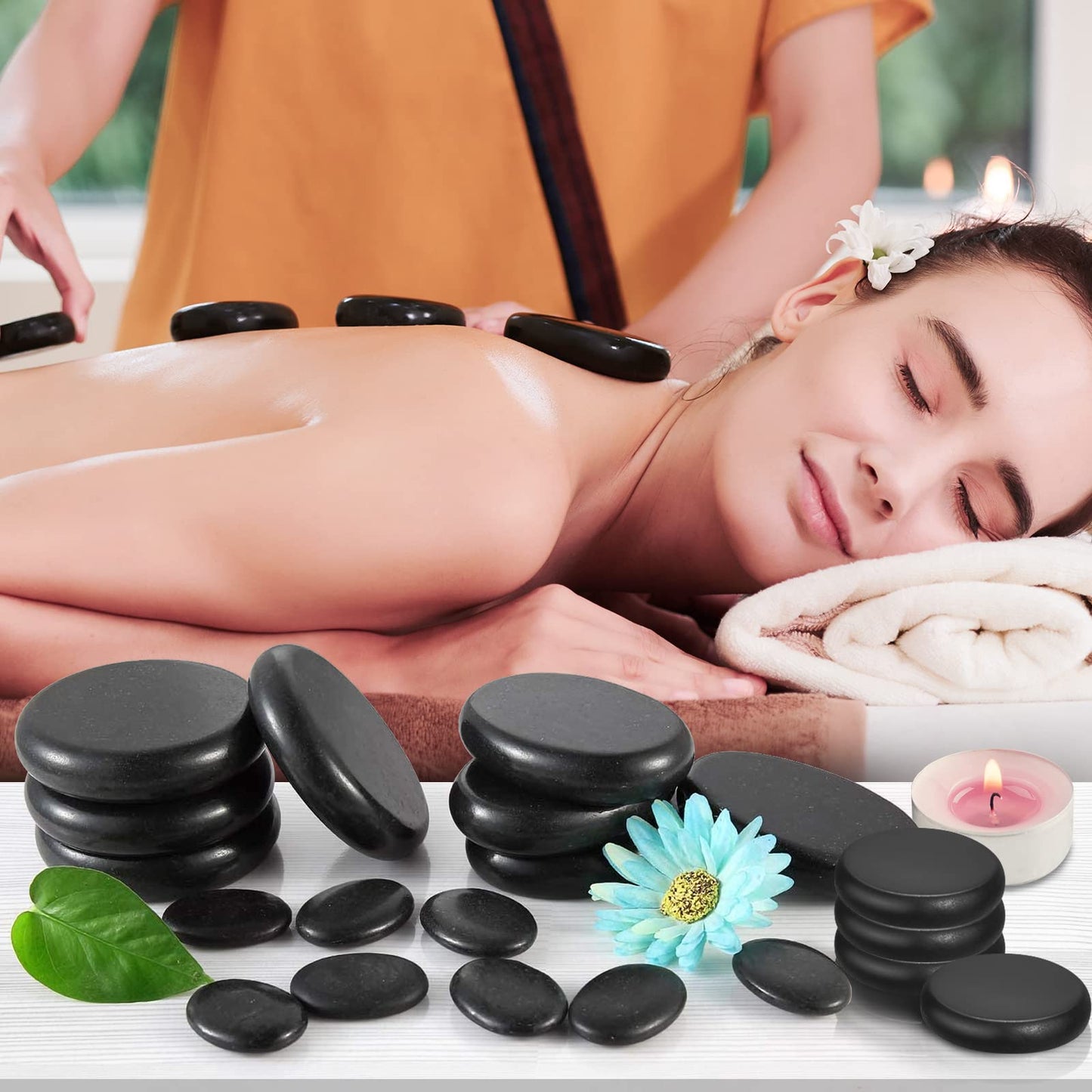 Granpay 20PCS Hot Stones for Massage with Warmer, Hot Stones Massage Set with Warmer Kit Basalt Hot Rocks Massage Stone for Spa Warming Therapy Pain Relief