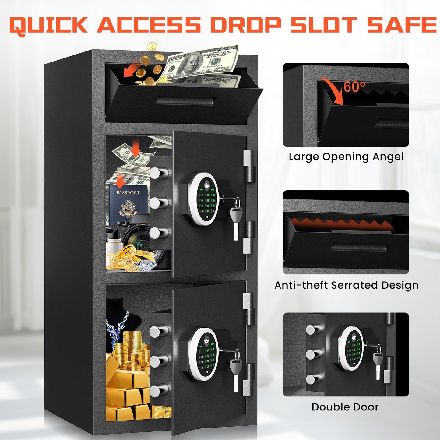 6.5 Cub Extra Large Home Safe Box Fireproof Waterproof with Drop Slot, Digital Drop Slot Safe with Double Door & Key Hook, Money Safes with Backlit Keypad & Dual Alarm for Home Office Business