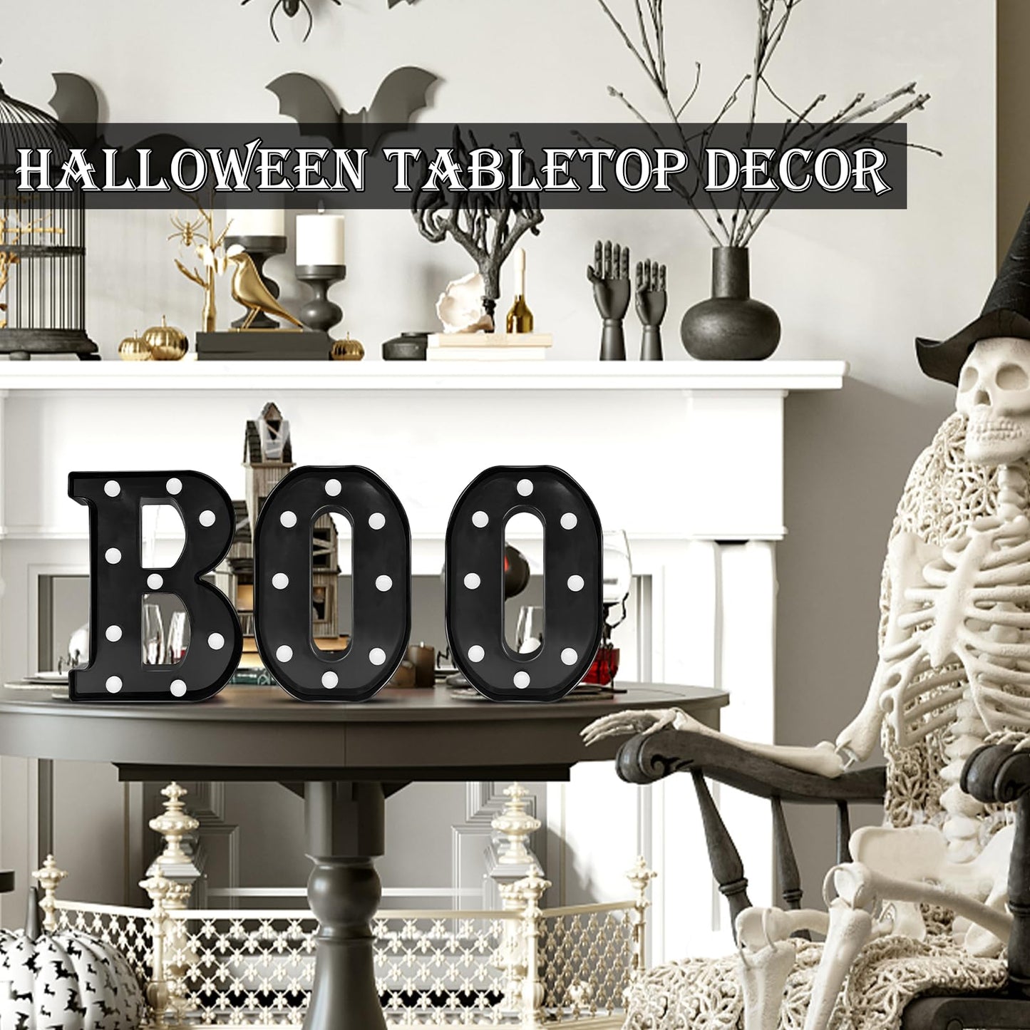 Halloween Decorations Indoor - Boo 3 Pack LED Light Up Hanging Letters Black Boo Signs Light for Indoor Halloween Decor Home Table Party Wall Mantel Fireplace Bedroom, Purple Lights
