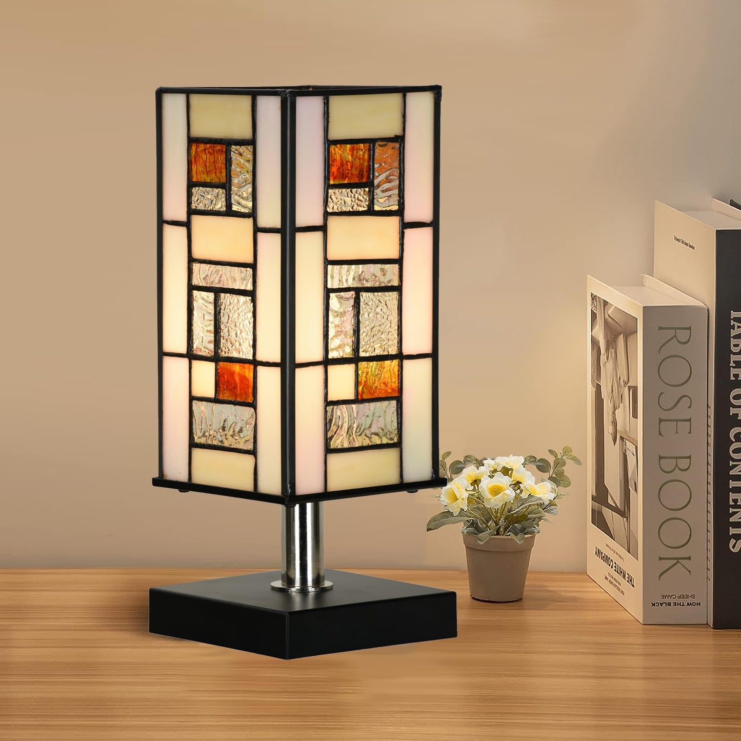 HomeBeauty TL0013 Small Retangular Tiffany Lamp Stained Glass Uplight Table Lamp, Mission Style Geometric Desk Nightstand Lamp for Bedroom Living Room Office Dorm, 4.5" W x 11" H, LED Bulb Included