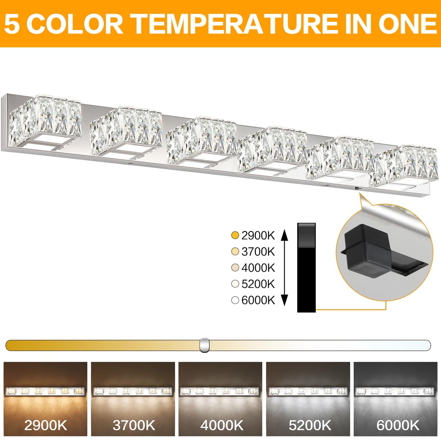 ZUZITO 6 Lights Bathroom Vanity Light - LED Bathroom Lights Over Mirror 5CCT Dimmable - Modern Crystal Chrome Vanity Wall Light