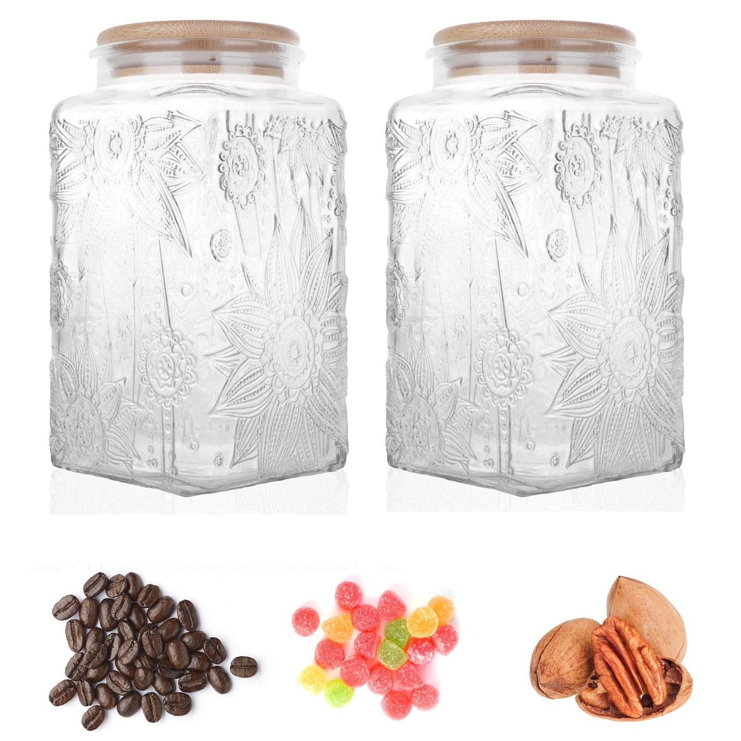 Custde Glass Storage Jars With Airtight Lid, 35oz Canister For Kitchen Counter with Bamboo Lid, brown sugar, candy, coffee, cookie, salt, tea,pantry cute Jar (Large Square Sunflower)