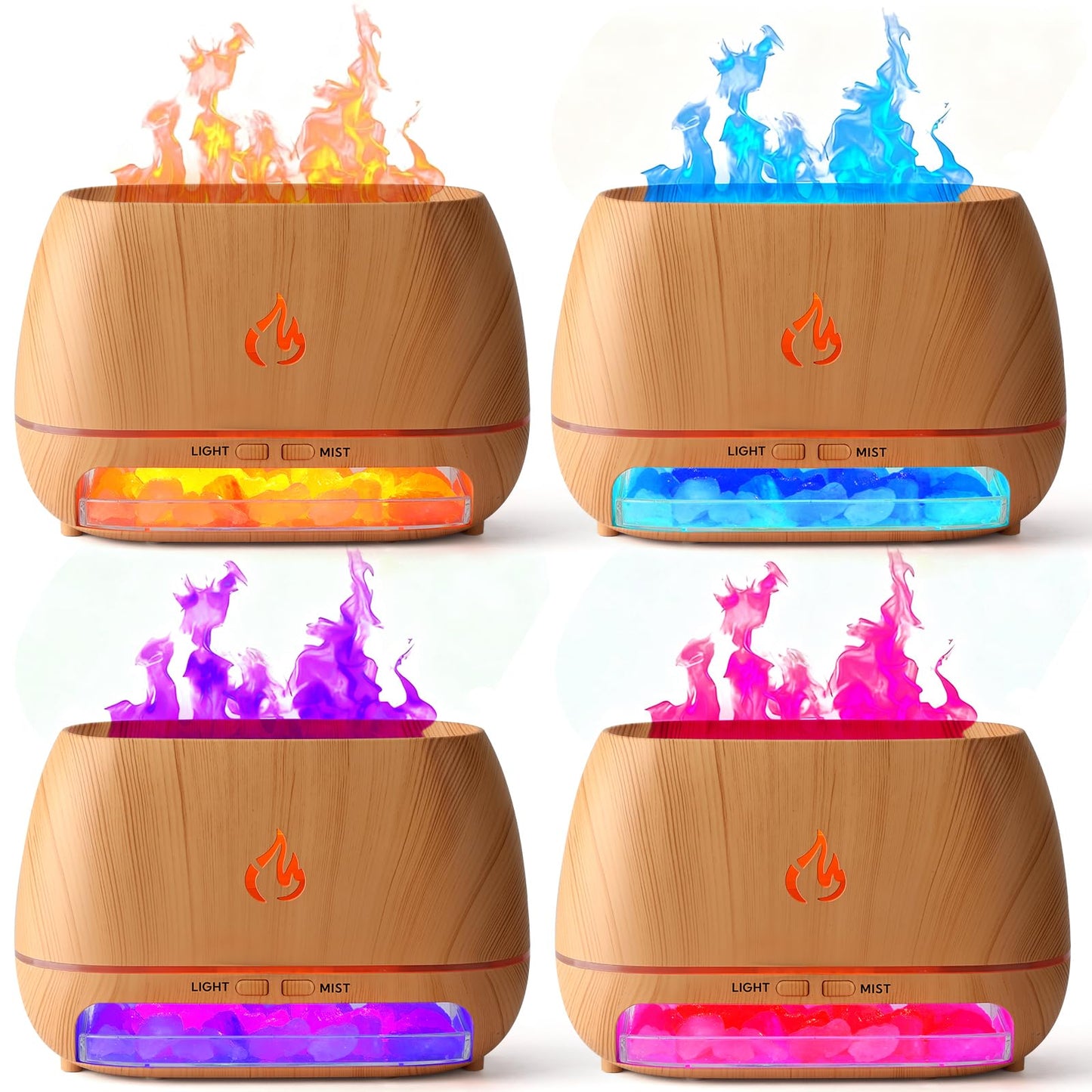 4 Pack Flame Diffuser Essential Oil Diffuser with Cool Mist Himalayan Salt Lamp 7 Colors LED Light 200ml Ultrasonic Aroma Diffusers for Bedroom Office Spa Yoga Room Gift,Wooden Grain