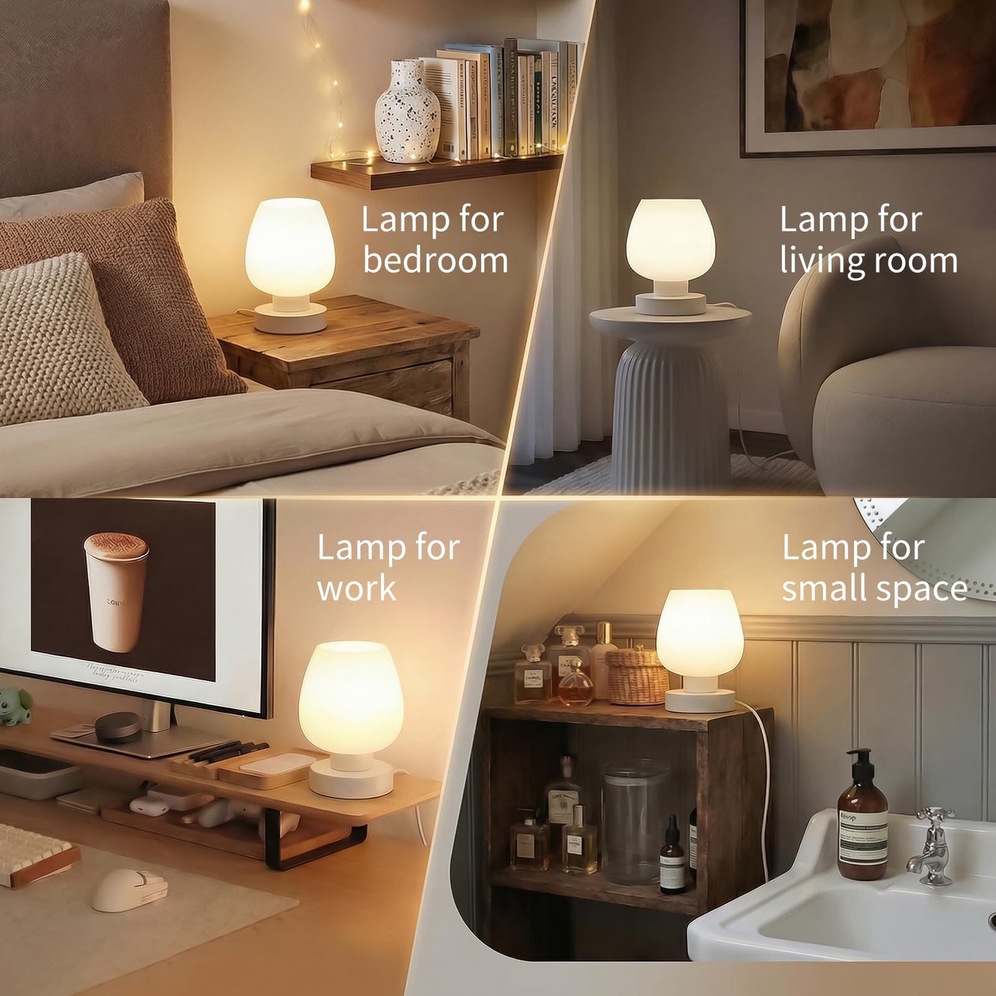 ONEWISH Small Bedside Lamp for Bedroom, 3-Way Dimmable Touch Control, 600 Lumen Bright Opal Glass Shade, 7.5 Inch Ultra Compact Nightstand Lamp, Warm White 2700K LED Bulb Included, Modern Design