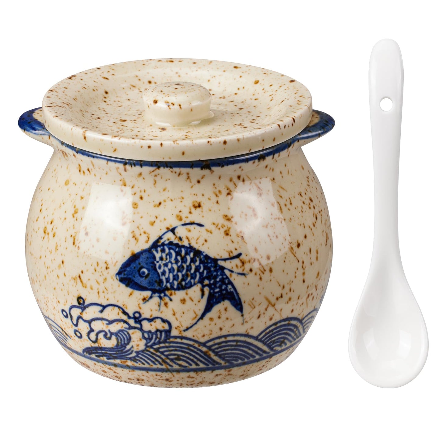 hengshukeji Sugar Bowl with Lid and Spoon,Vintage Ceramic Seasoning Jar, 10oz Stoneware Sugar Salt Holder, Glazed Condiment Container for Kitchen Counter (Carp)