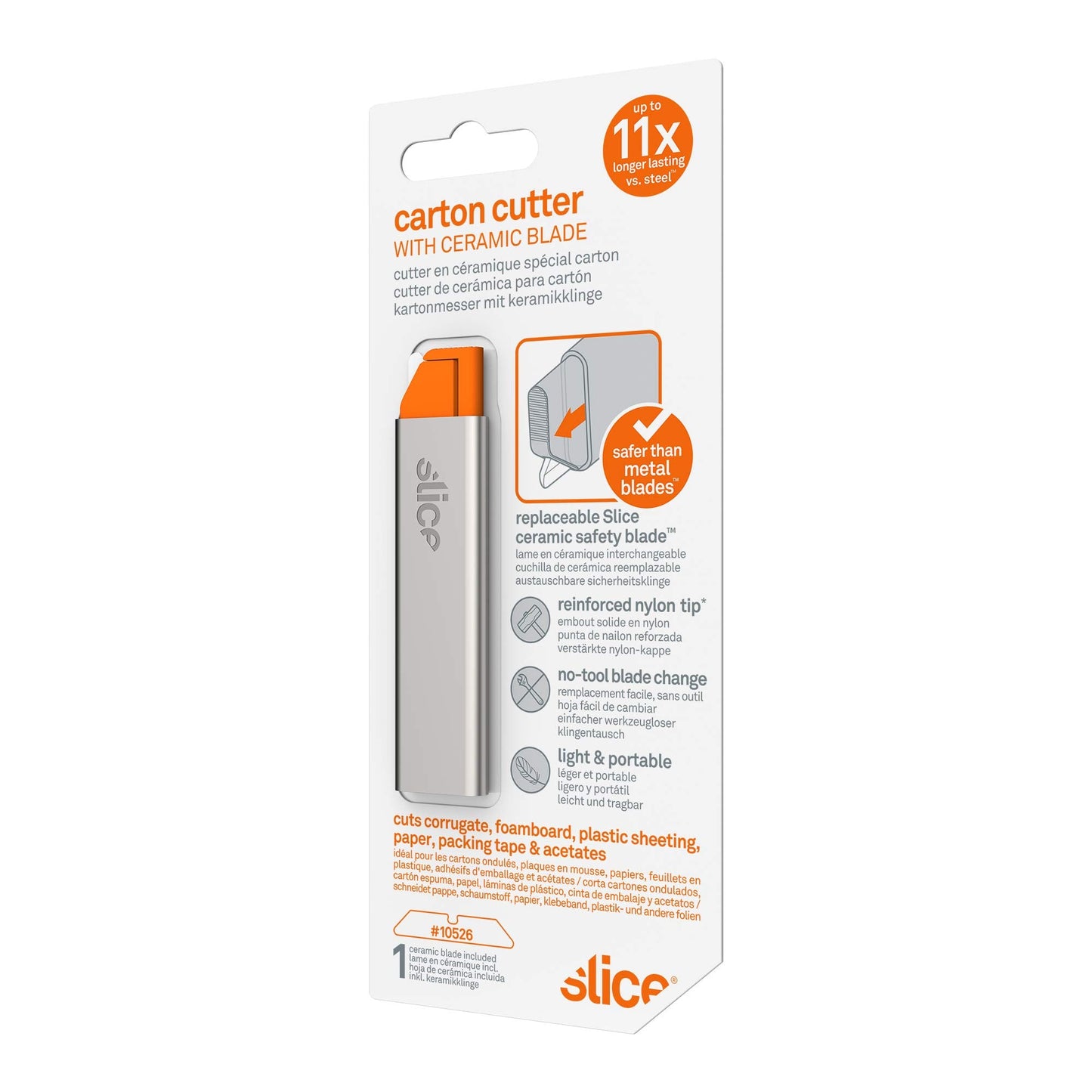 Slice 10585 Manual Carton Cutter, Ideal for Boxboard & Thin Corrugated Cardboard, Lightweight & Portable, Finger-Friendly Ceramic Blade, Ambidextrous Design, Lasts 11X Longer Than Steel