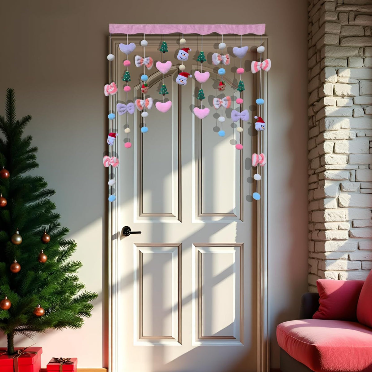 Kynthyre Cute Plush Christmas Curtain for Door Window Wall 34" W x 35.5" L Self-Adhesive Curtain for Living Room and Bedroom Decor