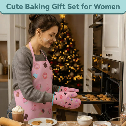 Berlune 4 Pcs Baking Gift Set for Women, Holiday Cooking Apron with Oven Mitts and Baking Socks Funny Gifts for Bakers Cooking Lovers Pastry Chefs Birthday Christmas Kitchen Supplies