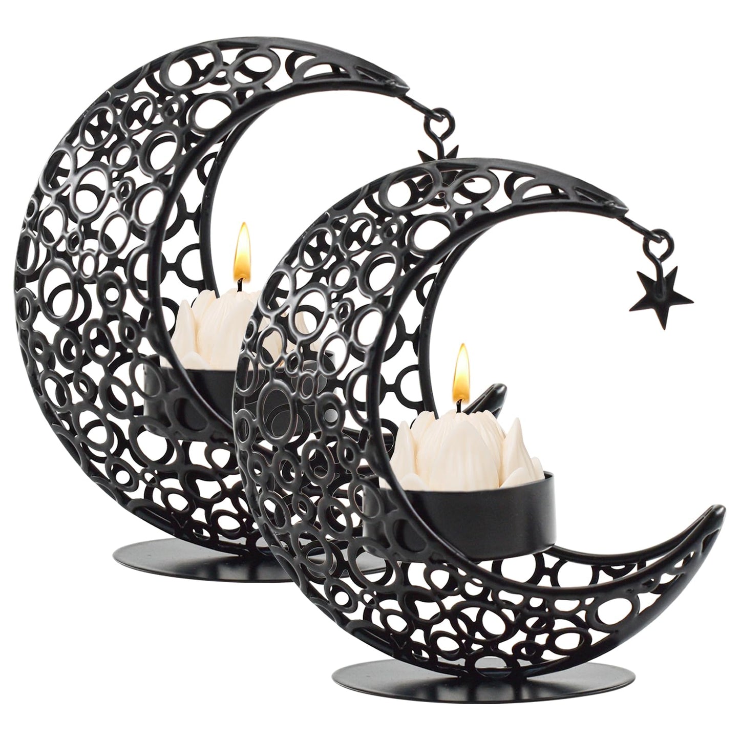 MrMrKura Moon Candle Holders Set of 2, Metal Tealight Candle Holder for Table Centerpiece Decorative Votive Candlesticks Holder for Party Home Decor (Black)