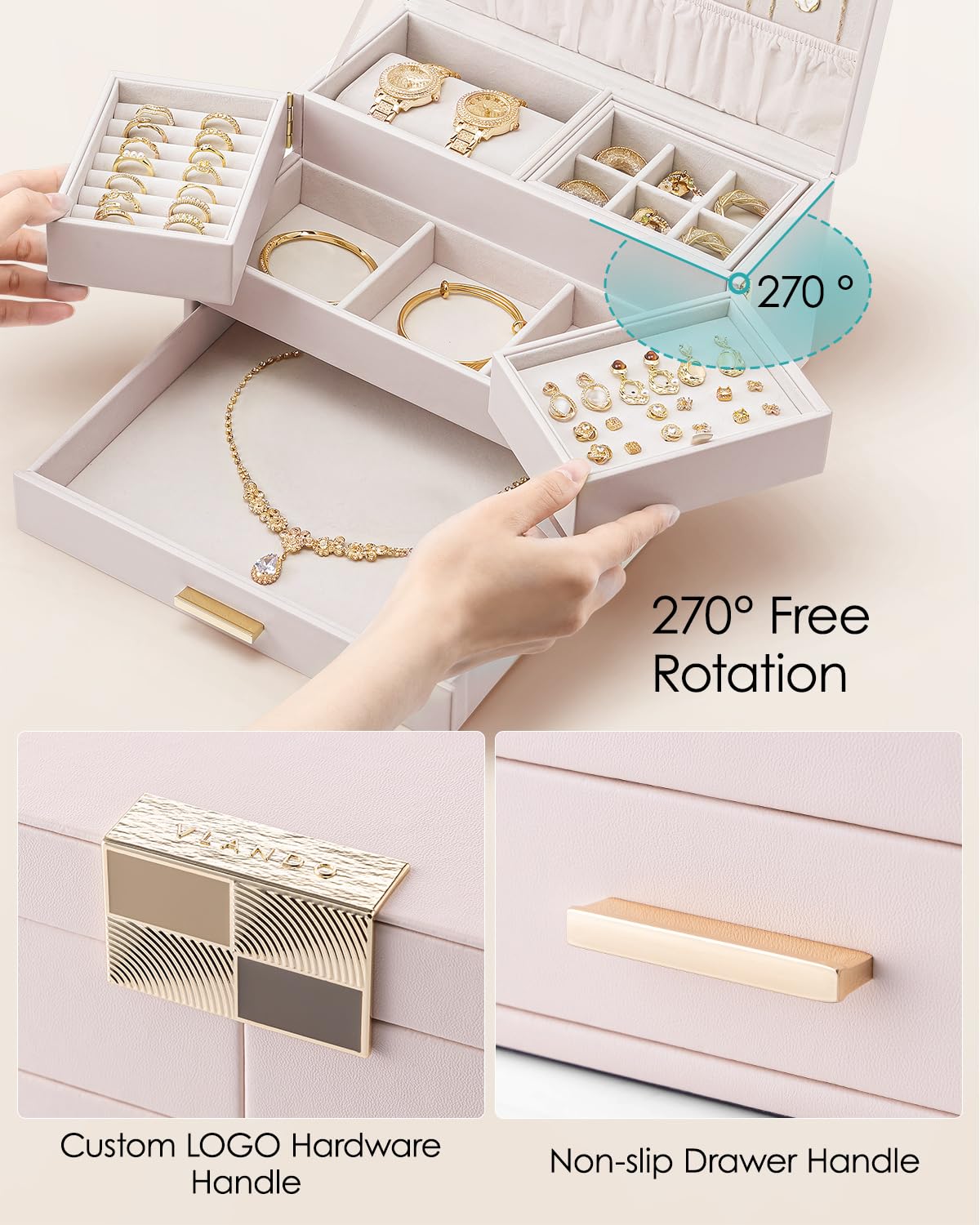 Vlando 3 Layer Jewelry Box - Women Jewelry Box with Retractable Tray - Jewelry Organizers with Drawer for Necklaces, Rings, Bracelets, Earrings, Gift for Couples Mom Girls - Pink