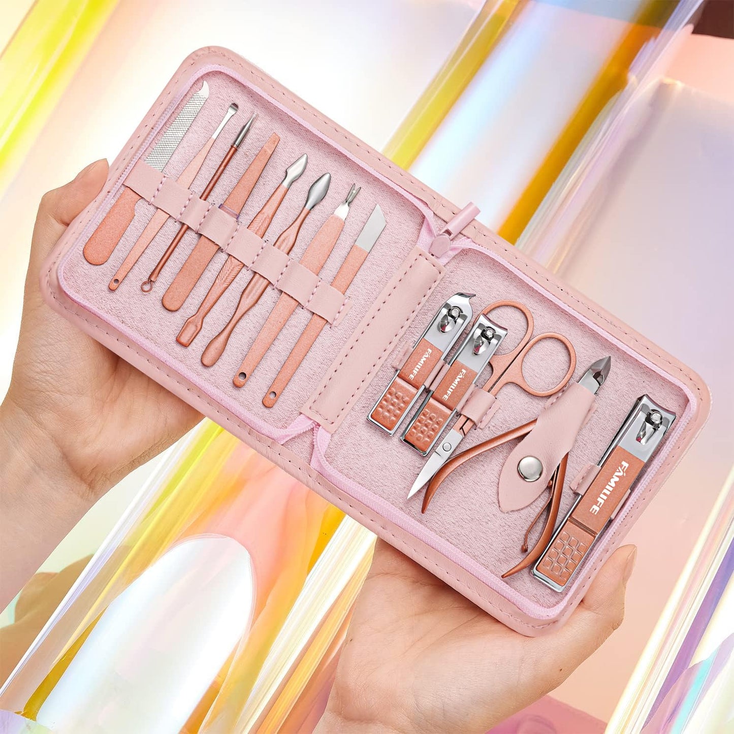 FAMILIFE Manicure Set, Nail Professional Kit Manicure Kits Nail Clipper Sets, 13PCS Stainless Steel Pedicure Sets Mens Grooming Tool, with Brown Leather Travel Case for Men