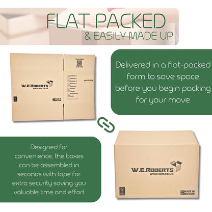 10 Strong Large Cardboard Storage Packing Moving House Boxes with Carry Handles and Room List – Ideal for Storage, Moving, and Packing 18" x 11" x 11" internal. Made in the UK