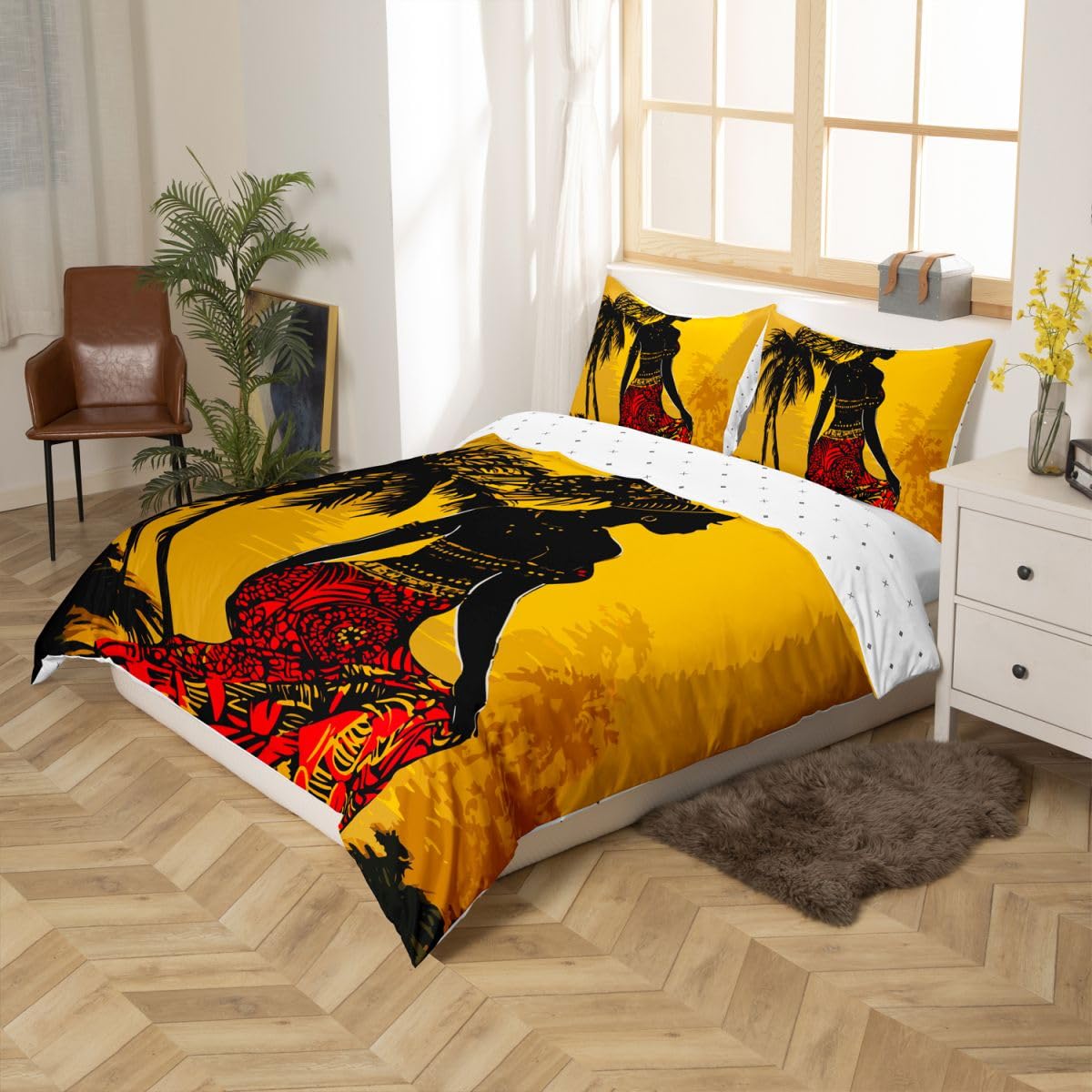 Feelyou African Woman Themed Bedding Set African Pattern Duvet Cover for Girls Women Adults Palm Tree Print Comforter Cover Ethnic Afro Style Bedspread Cover Bedroom Decor Quilt Cover 2Pcs Twin Size