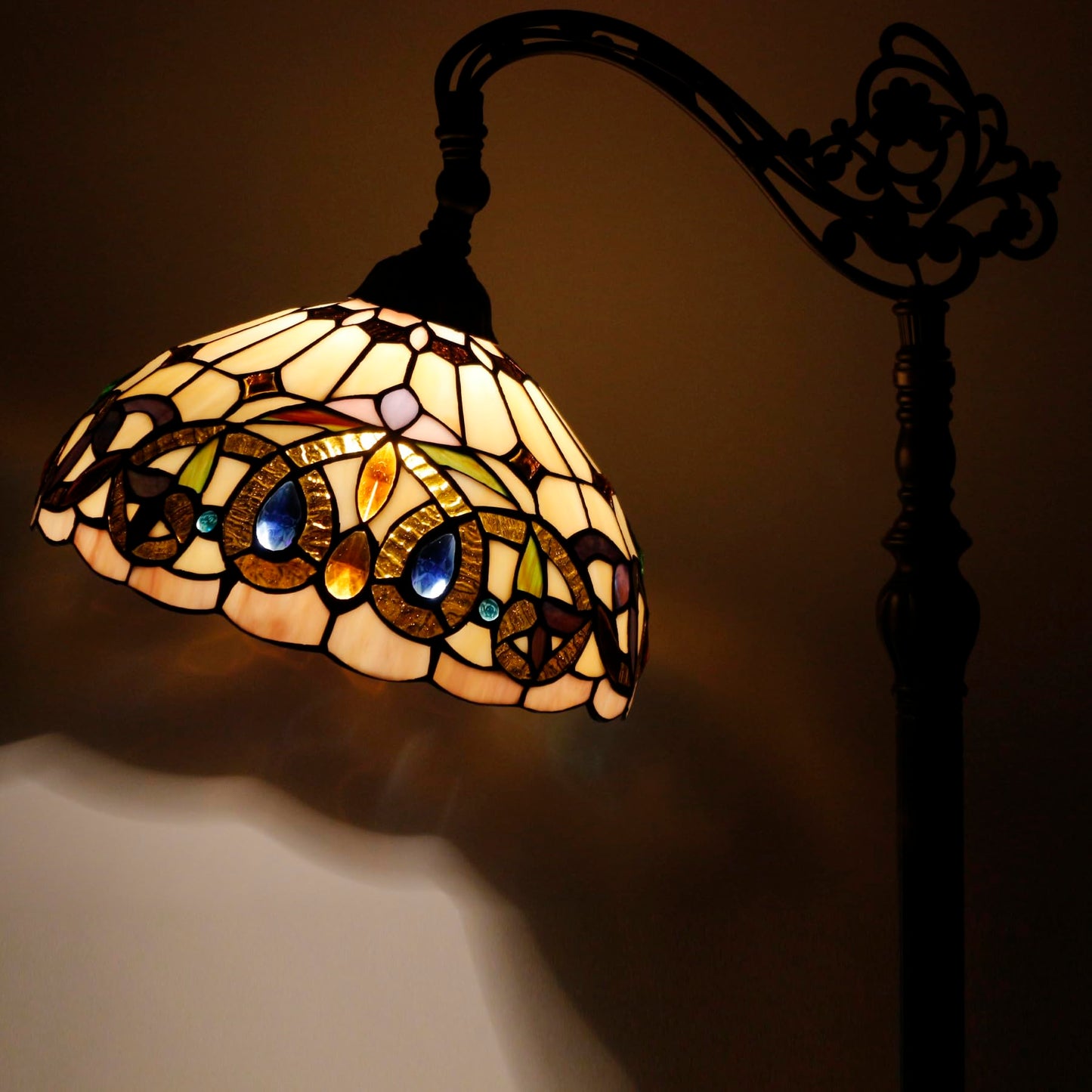WERFACTORY Tiffany Floor Lamp Stained Glass Serenity Victorian Arched Lamp 12X18X64 Inches Gooseneck Adjustable Corner Standing Reading Light Decor Bedroom Living Room S021 Series
