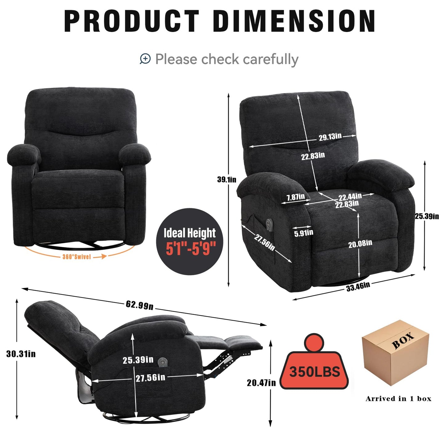 Eafurn 360° Swivel Rocker Recliner Chair for Elderly, Nursery Glider Recliner with Massage and Heating, Comfy Overstuffed Manual Lounge Armchair for Living Room