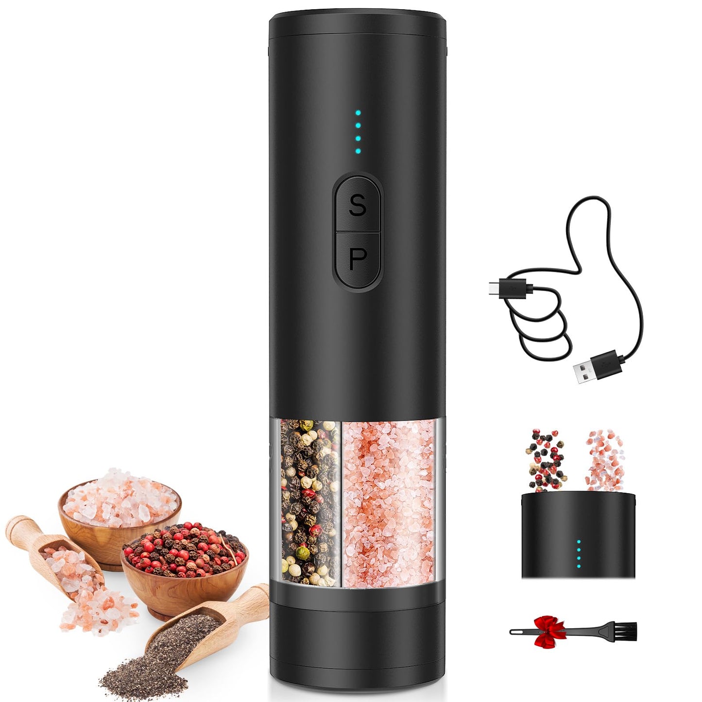 HeatBay 2 in 1 Electric Salt and Pepper Grinder Set, USB Rechargeable, Automatic Salt and Pepper Mill Shakers with Battery Display, LED Light, Adjustable Coarseness Ideal for Kitchen Gift(Black)