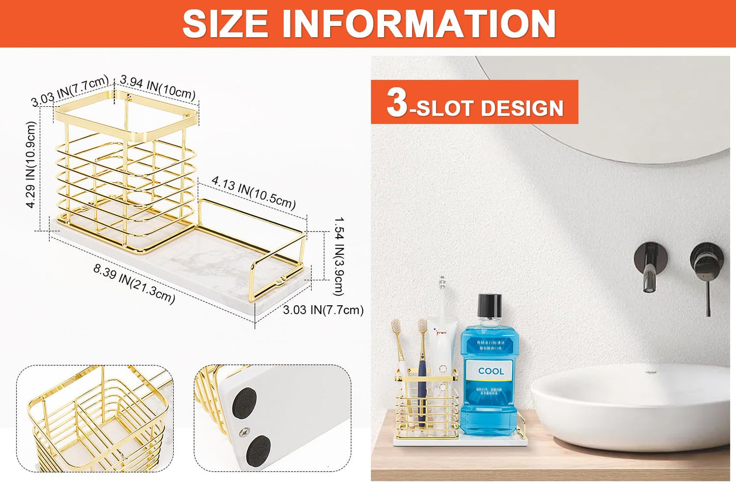 HarJue Toothbrush Holder, Luxurious Metal Toothbrush Toothpaste Holder with Marble Base for Bathroom, Multi-Slots Openwork Design, Bathroom Accessory for Storage and Organizer (Large, Gold)