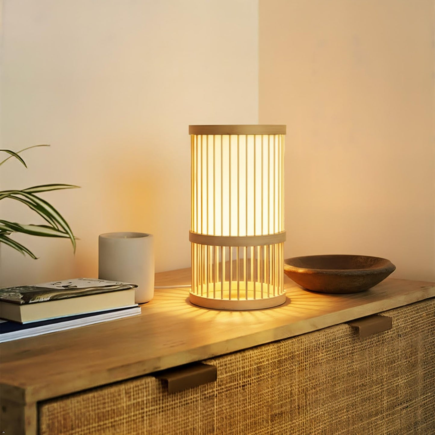 AFORTLO Table Desk Lamp,Bamboo Boho Decorative Nightstand Night Light Japanese Hollow-Out Lamp Home Decor for Bedroom,Living Room,End Table or Office with Bulb