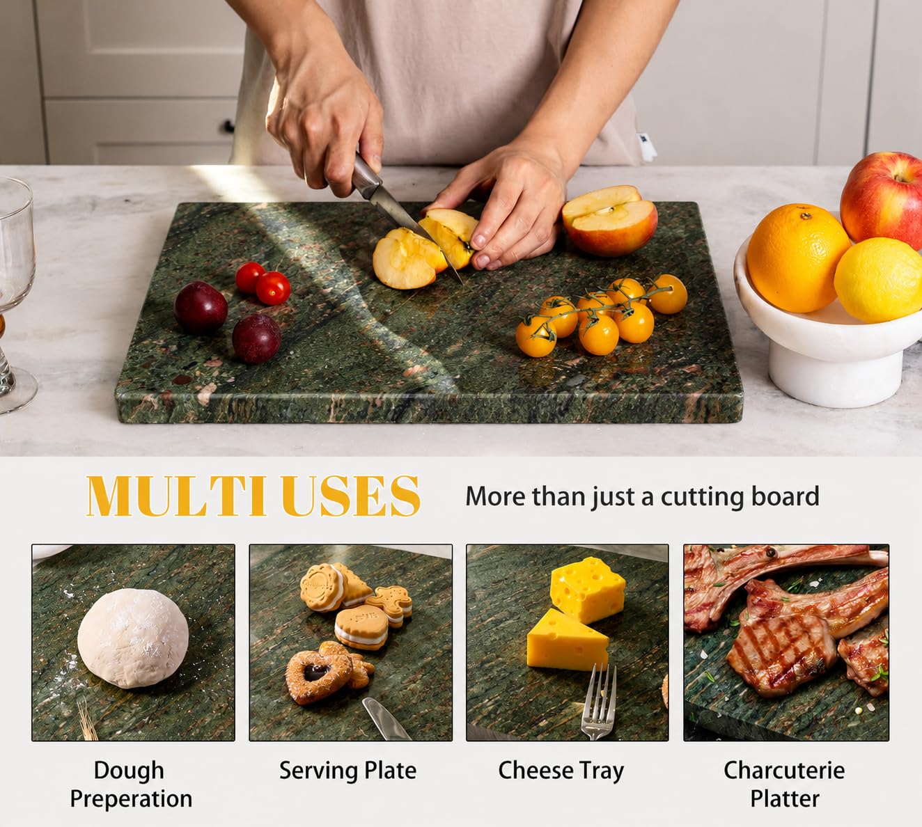 Koville Granite Cutting Board for Kitchen, 16x12 Inches Large Marble Slab Cheese Board, Rectangular Serving Board for Baking Charcuterie Pastry, Natural Stone Board for Countertop (Green)