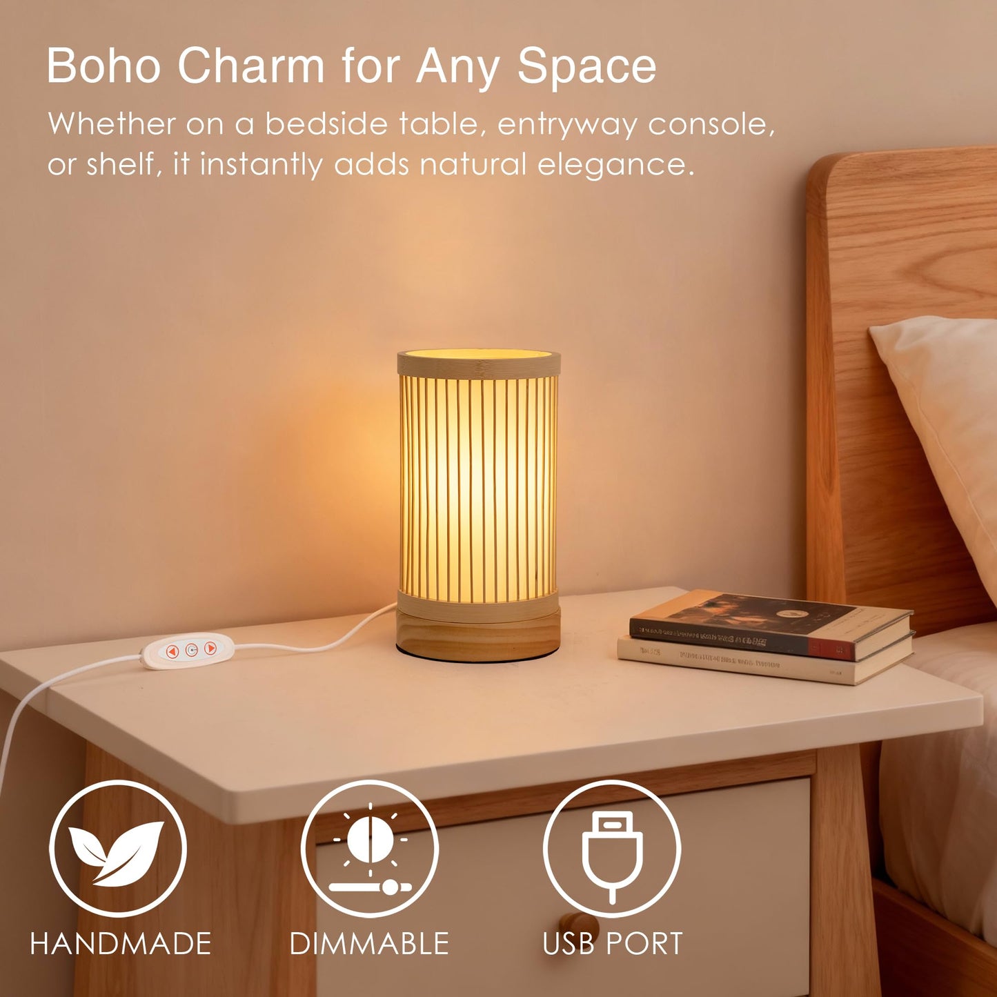 LUSHARBOR Bamboo Table Lamp, Small Boho Rattan Lamp Decorative with Dimmable Light, Woven Bedside Lamp for Bedroom, Cozy Nightstand Desk Lamps for Cafe/Entryway/Tabletop/Shelf Decor
