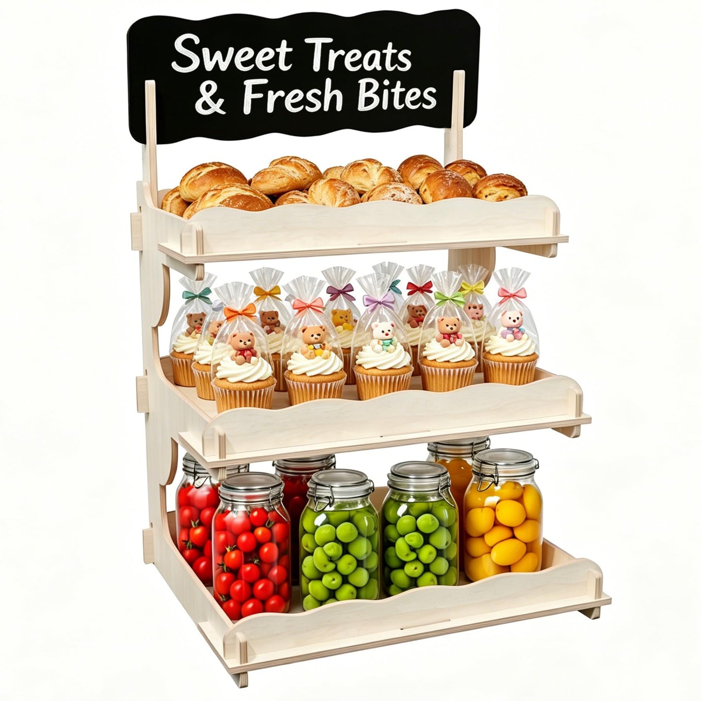 3-Tier Cookie Display Stand with Extra Tall 6.5” Between Tiers – Wooden Cookie Stand with Chalkboard Sign for Vendors, Bakers, Market & Craft Fairs – Holds More Cookies, Cupcakes, Muffins, Pastries