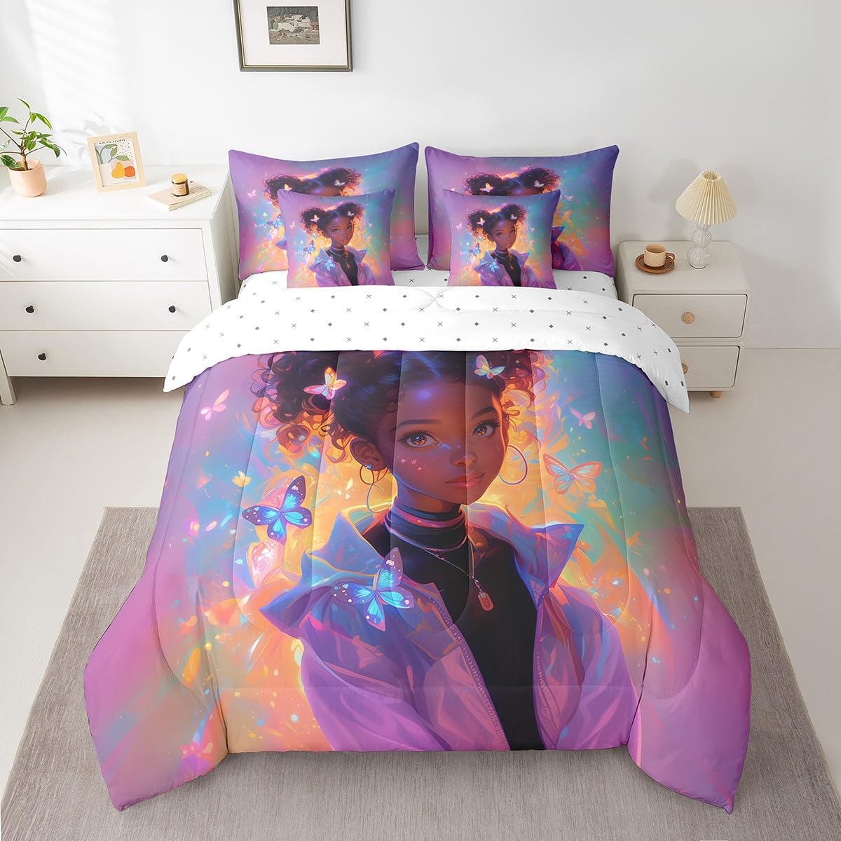 Castle Fairy Cool Girl Bedding Set,Neon Dreamy Butterfly Twin Comforter Set with Sheets for Kids Girls Teens Room Decor,African American Style Bed in a Bag 7 Piece for Bedroom Living Room