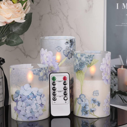 Eldnacele Hydrangea Glass LED Candles Flickering with Remote Timer, Battery Operated Flameless Candles Home Wedding Christmas Decoration Gift(3 x 4,5,6 Inches)