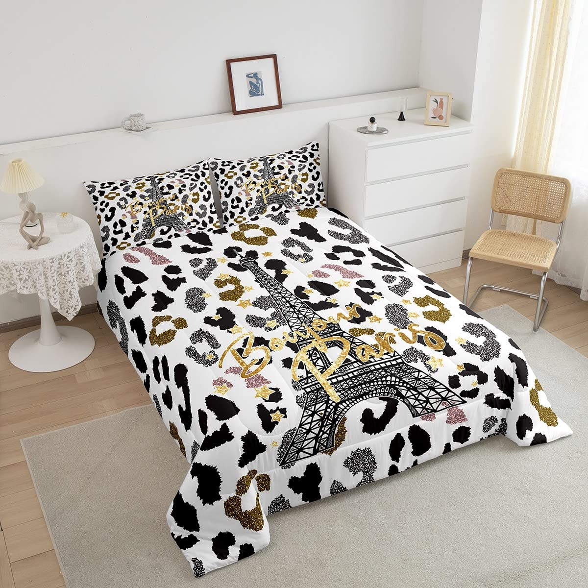 Feelyou Eiffel Tower Comforter Set Leopard Print Bedding Set for Kids Boys Girls Paris Tower Comforter Cheetah Print Quilt Set 1 Comforter Set with 2 Pillowcases Full Size