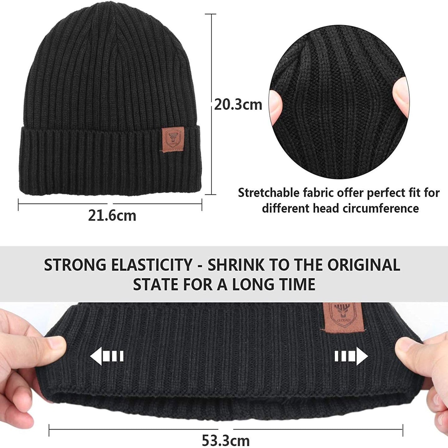 OZERO Winter Beanie Hat for Men and Women: Warm Knit Skull Hat with Thermal Thick Polar Fleece Lining Snow Cap Winter Gifts for Family and Friends - Black