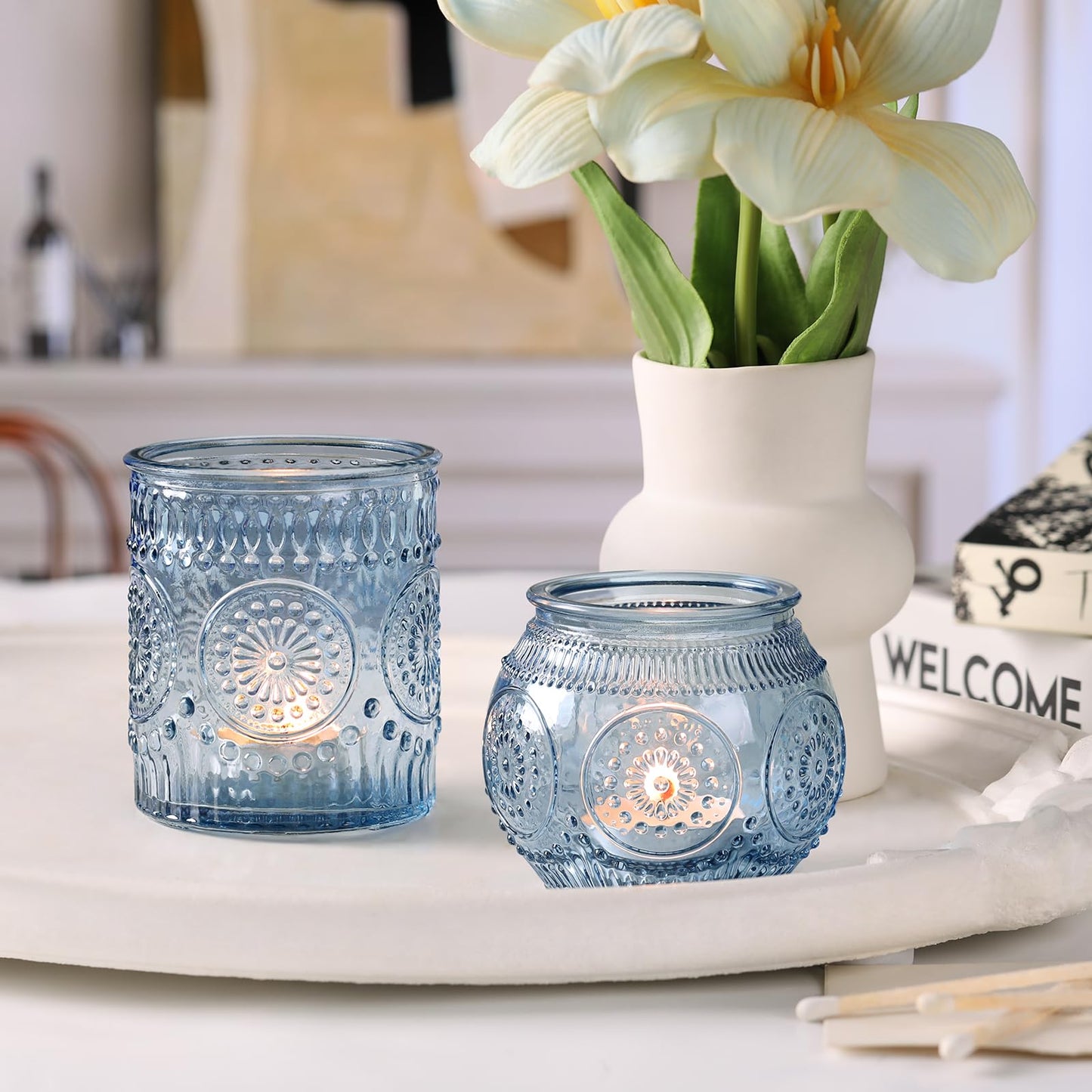 DARJEN Blue Votive Candle Holders- 10Pcs Glass Tealight Candle Holder, Size Upgrade Design for Home Decor, Elegant Candle Holder for Party & Dinner Table Centerpieces, Living Room Decor Gifts