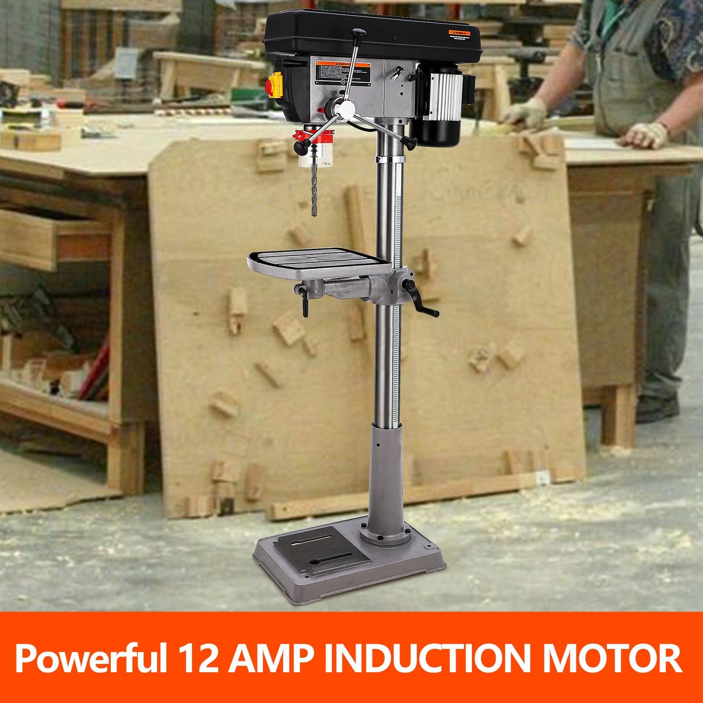 17 in Floor Drill Press, 12 Amp 120V Pure Copper Motor, 200-3630 RPM Variable Speed Cast Iron Bench Drill Press, 0-45° Tilting Worktable, Tabletop Drilling Machine for Wood Metal