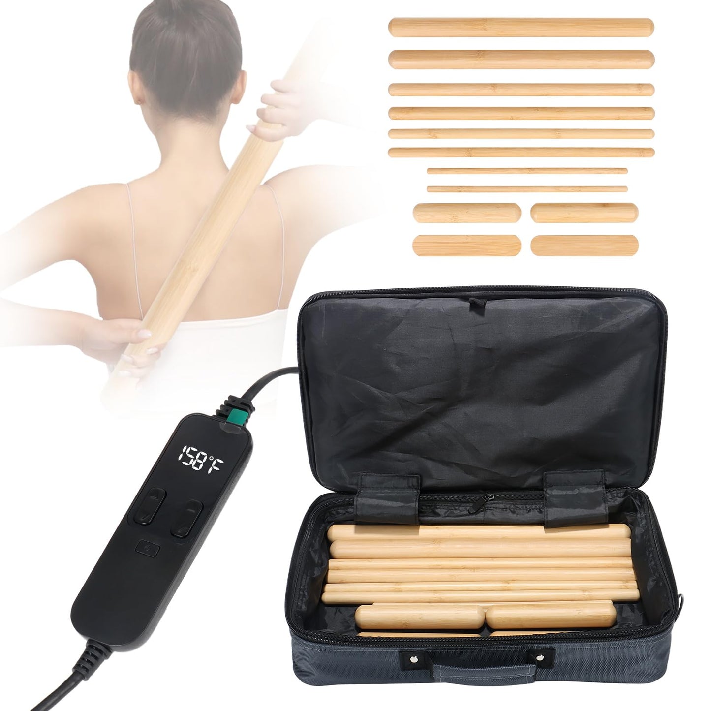 OnVisit Hot Bamboo Massage Sticks Warmer Kit,12pcs Solid Bamboo Sticks for SPA,Portable Stone Massage Heater with Temperature Control/Heating Time for Home/Travel Spa Warming Therapy Relaxing