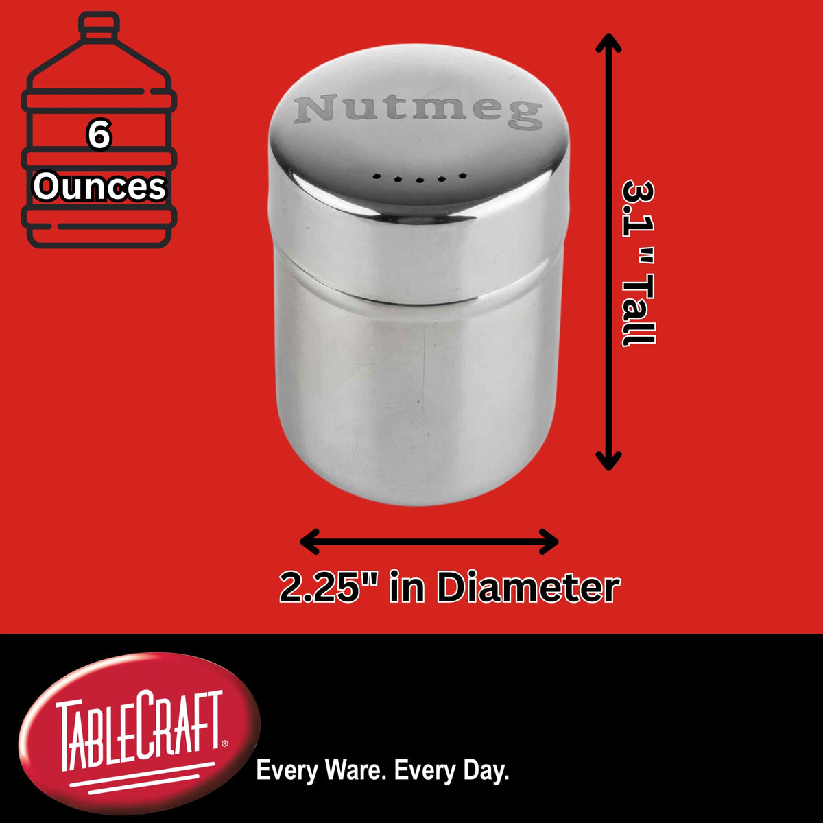 TableCraft 11052 Dredge Shaker, Stainless Steel 6 oz Coffee and Baking Spice Jar with Storage Cap, Mirror Finish, Nutmeg Engraved Lid Label, Ideal for Kitchen and Beverage Bar Use