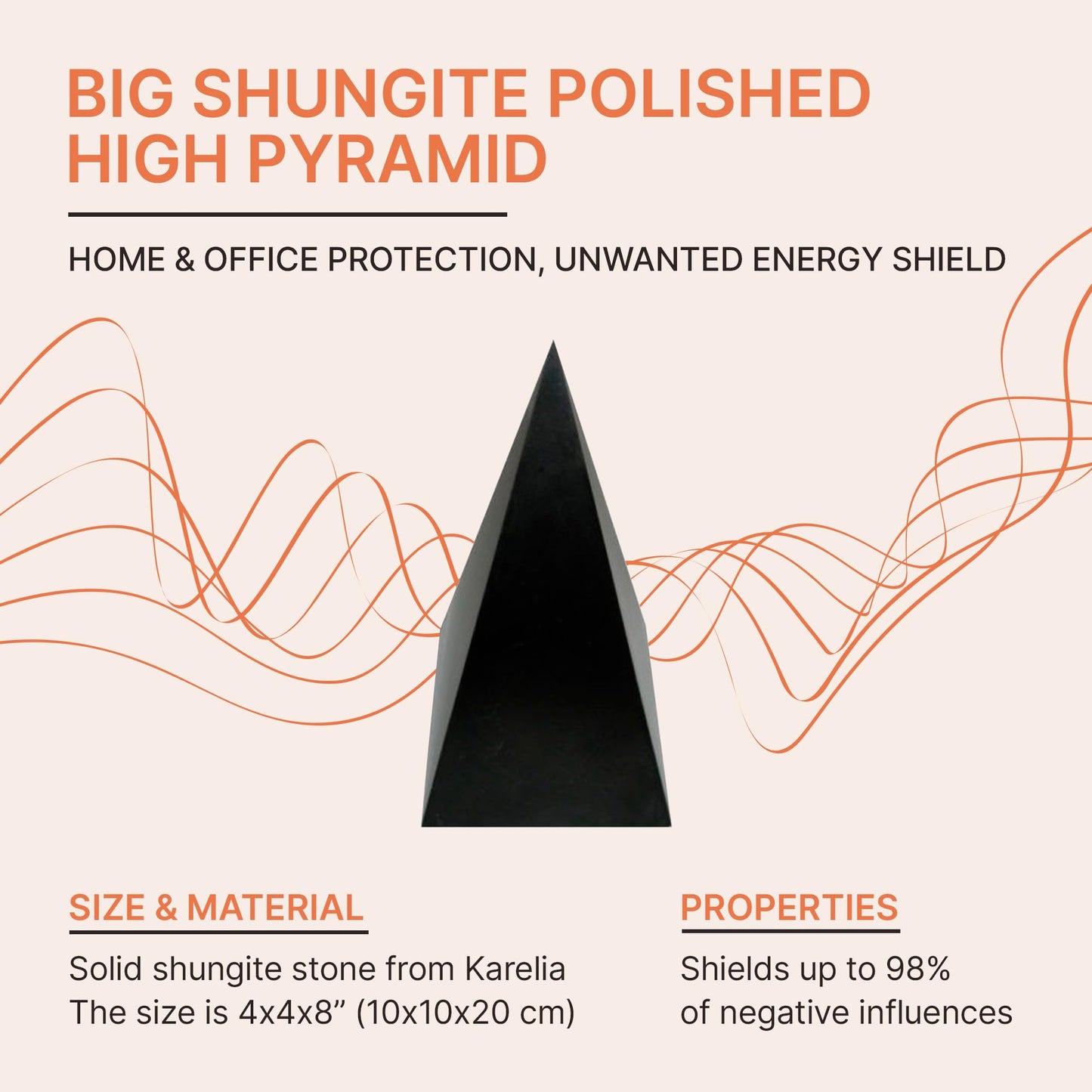 Authentic Shungite Pyramid Polished 8"(20cm), Premium Protection Crystals for House & Office, Karelian Black Stone Energy Pyramid for Root Chakra Meditation, Grounding & Negative Energy Blocker